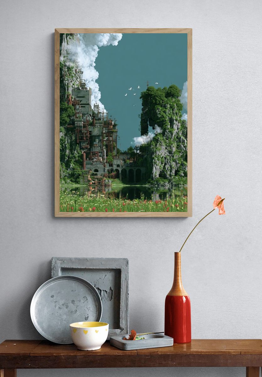 Floating Cliff Cityscape Illustration Poster. — room view 3