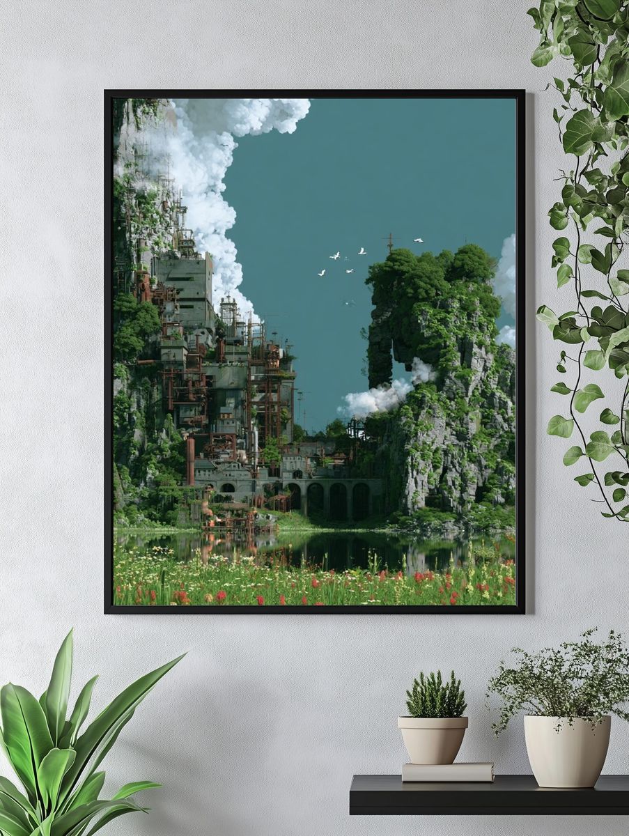 Floating Cliff Cityscape Illustration Poster. — room view 4