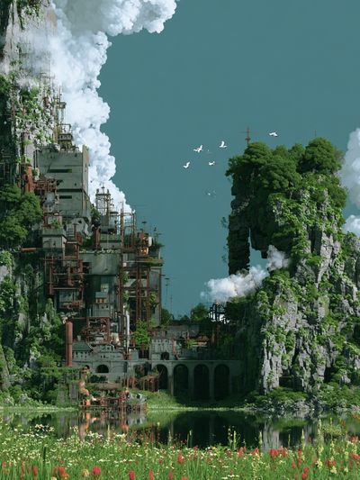Floating Cliff Cityscape Illustration Poster. poster