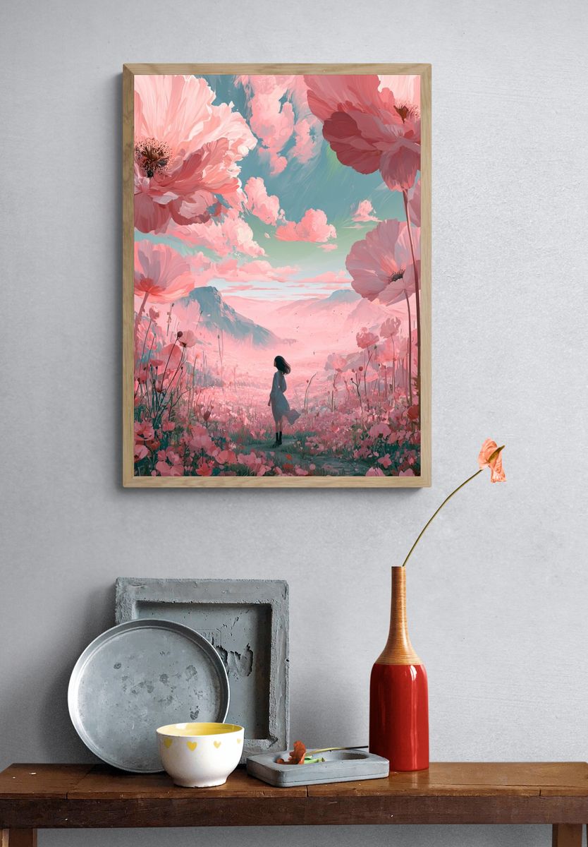 Pink Blossom Dreamscape Illustration Poster. — room view 3
