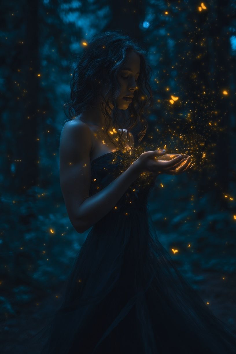 Mystic Woman with Fireflies Poster. poster — illustration art