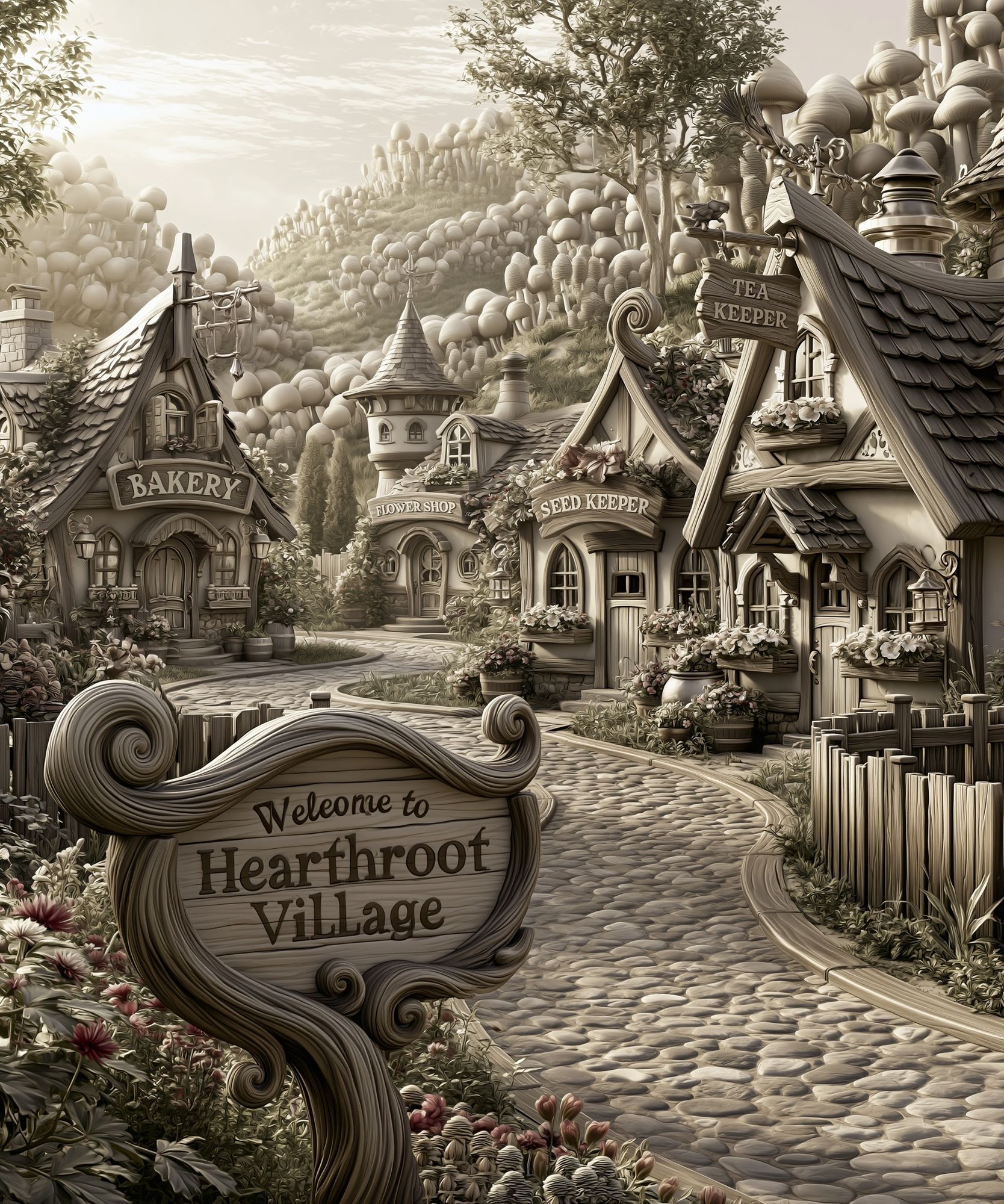 Hearthroot Village Fantasy Print. poster — illustration art