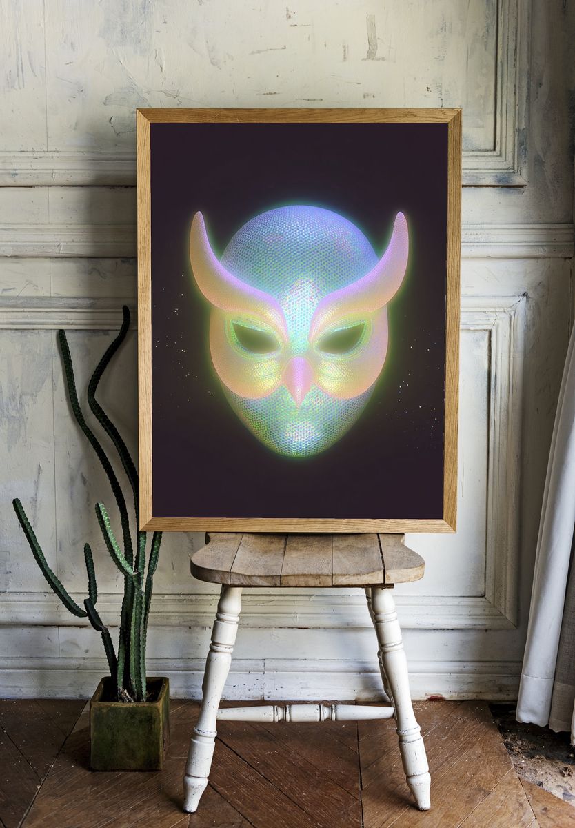 Iridescent Horned Mask Print. room preview