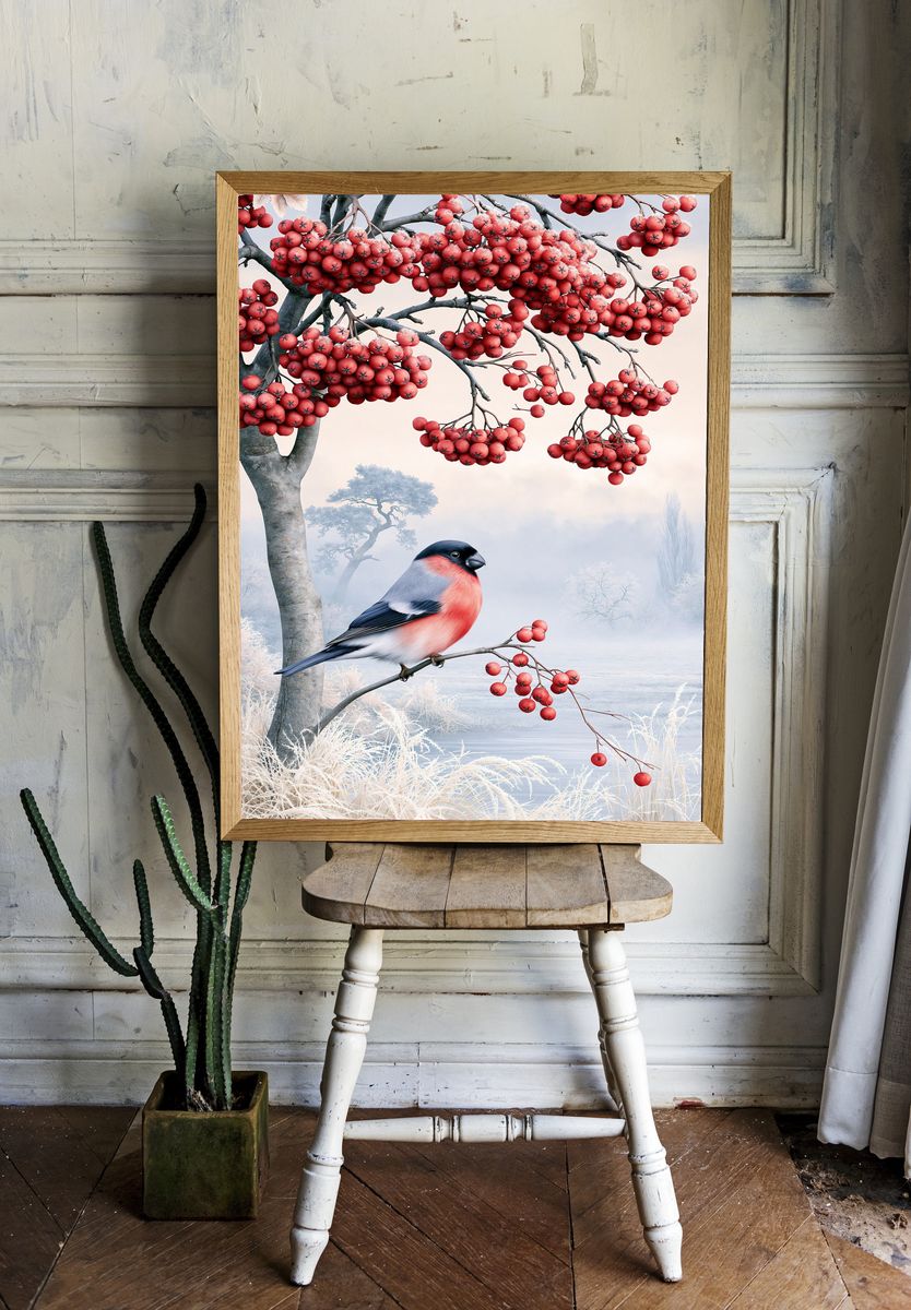 Winter Rowan Bird Illustration Poster. room preview