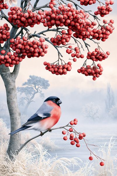 Winter Rowan Bird Illustration Poster. poster