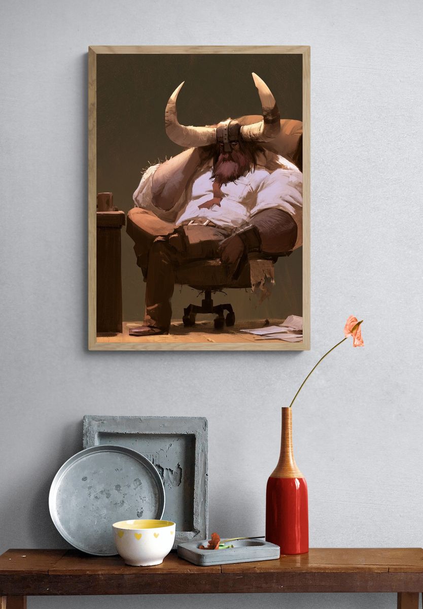 Bull Office Scene Illustration Poster. — room view 3