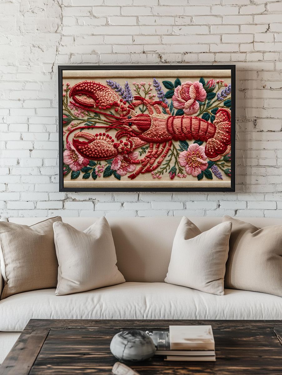 Embroidered Lobster Floral Poster. — room view 1