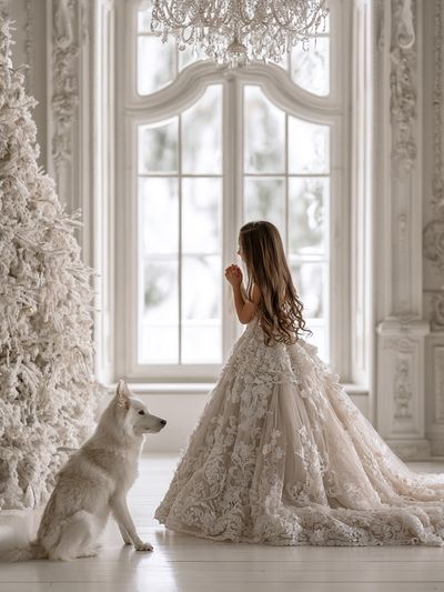 Winter Princess and White Wolf Print. poster