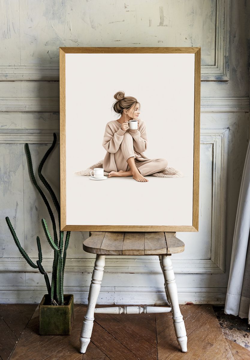 Cozy Coffee Woman Illustration Poster. — room view 1