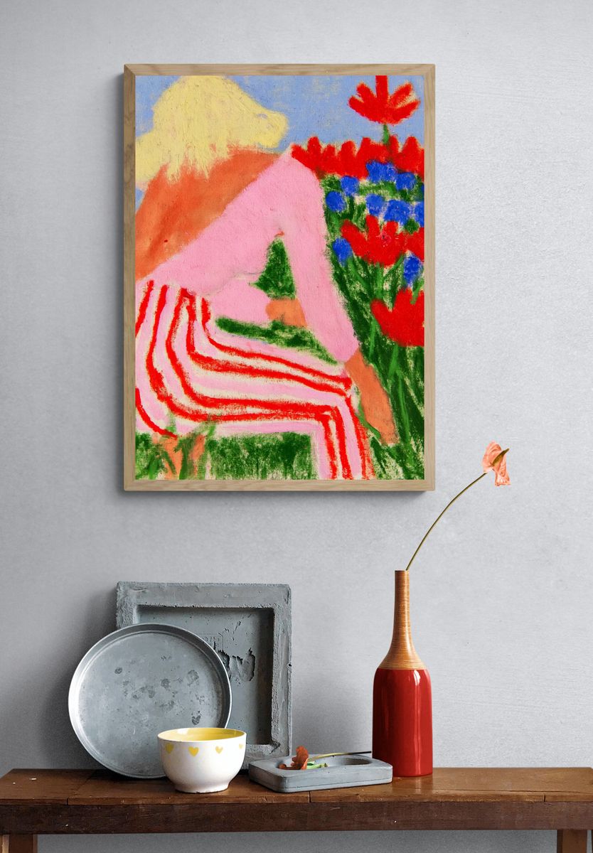 Seated Figure in Flowers Illustration Poster. — room view 3