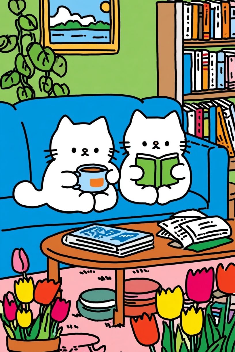 Cozy Cat Reading Room Illustration Poster. poster detail