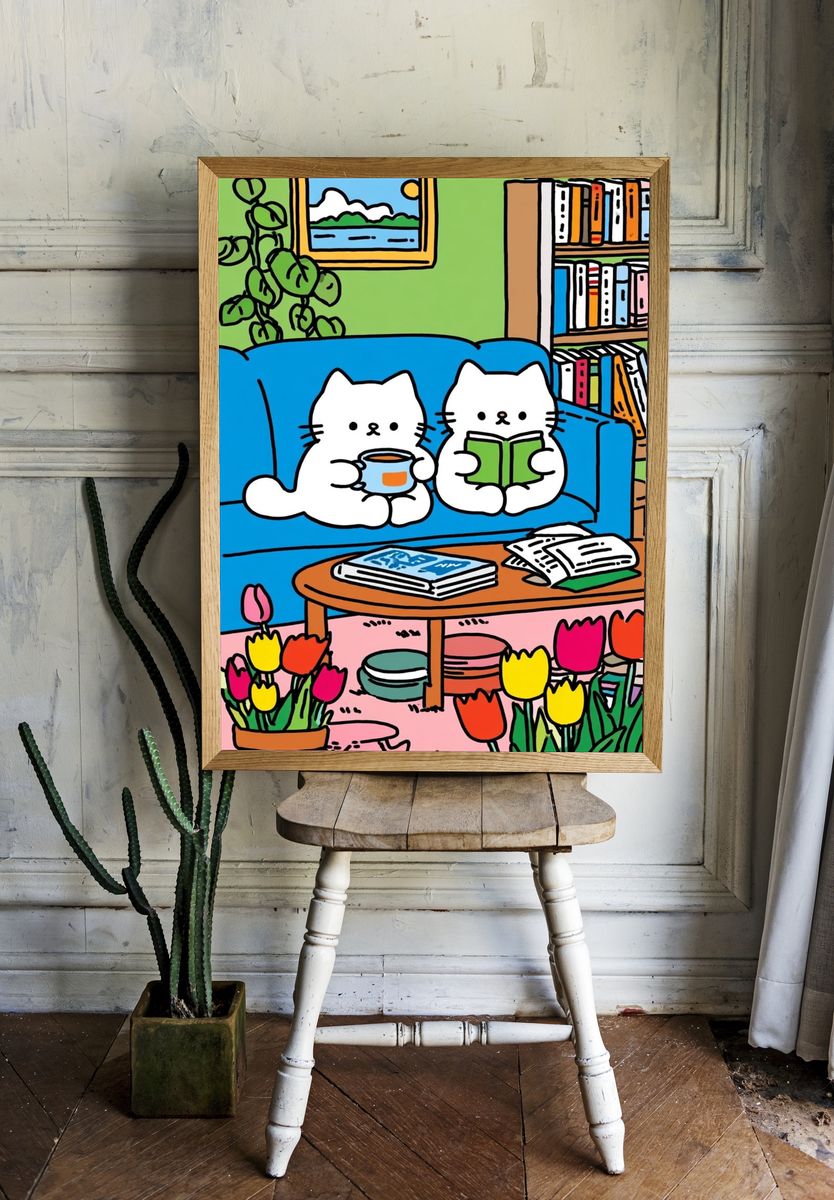 Cozy Cat Reading Room Illustration Poster. — room view 1