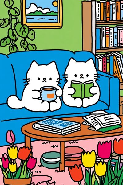 Cozy Cat Reading Room Illustration Poster. poster
