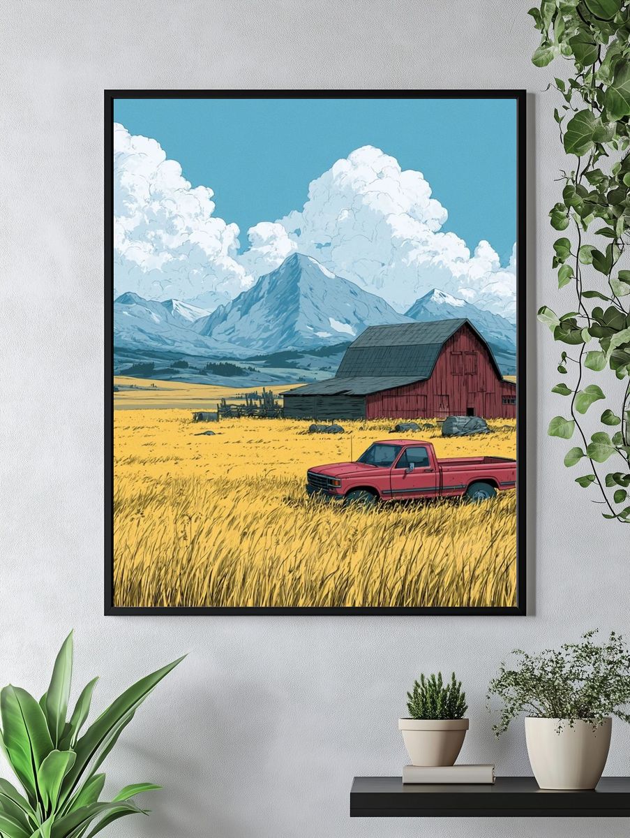 Mountain Farm Landscape Illustration Poster. — room view 4