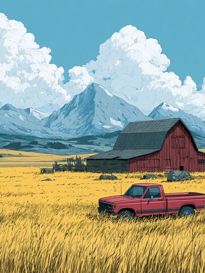Mountain Farm Landscape Illustration Poster. poster