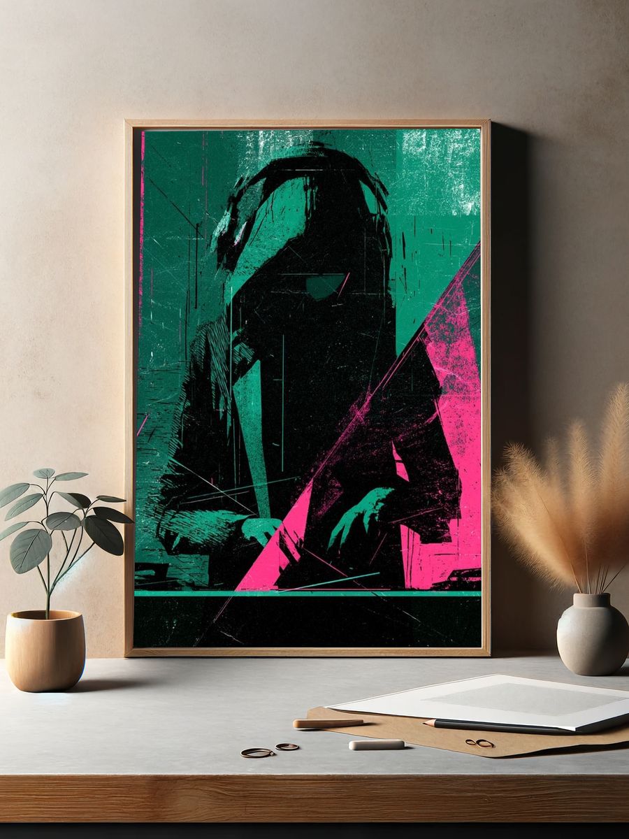 Neon Hooded Figure — Digital Art Print. — room view 2