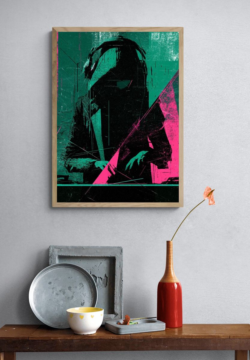 Neon Hooded Figure — Digital Art Print. — room view 3