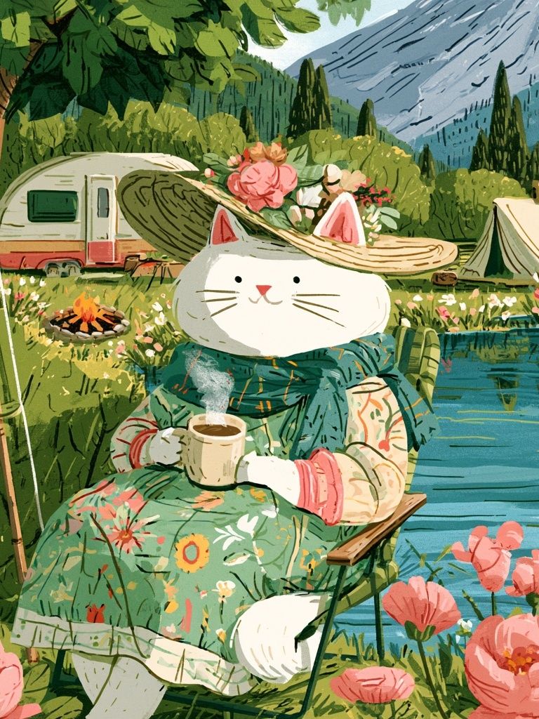 Cat Camping Illustration Poster. poster — illustration art