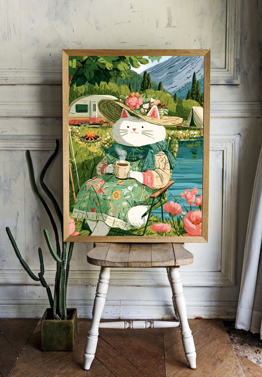 Cat Camping Illustration Poster. — room view 1