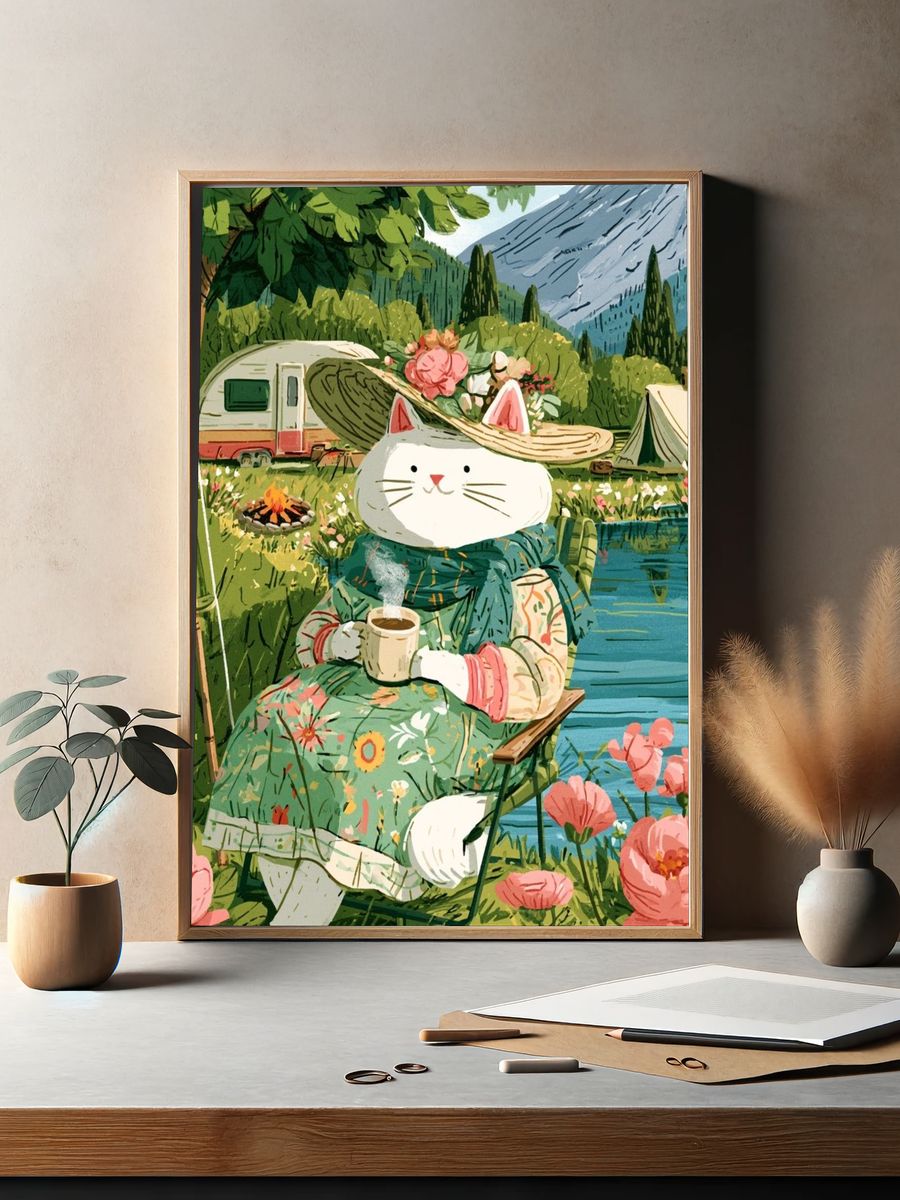Cat Camping Illustration Poster. — room view 2