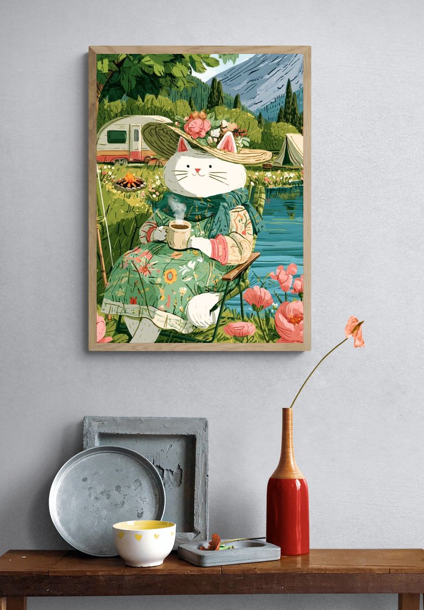 Cat Camping Illustration Poster. — room view 3