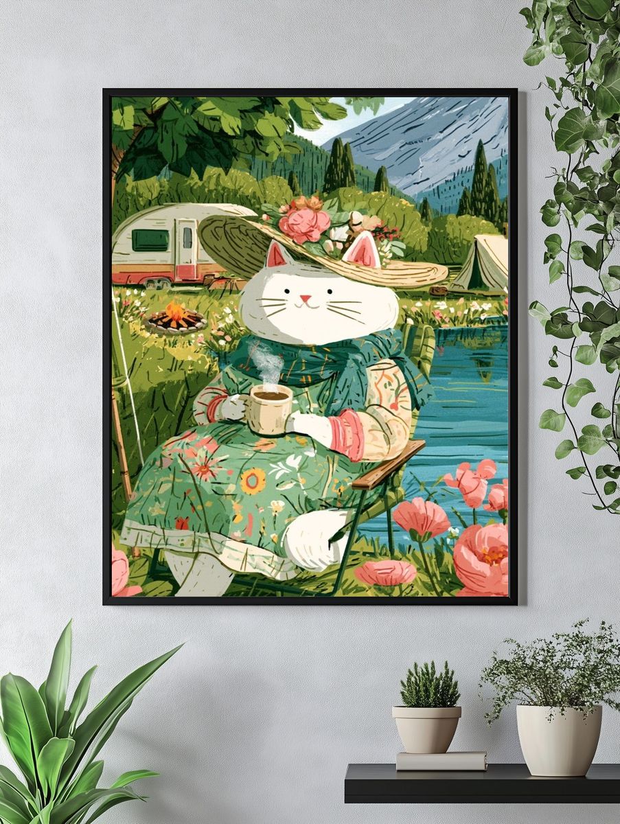 Cat Camping Illustration Poster. — room view 4