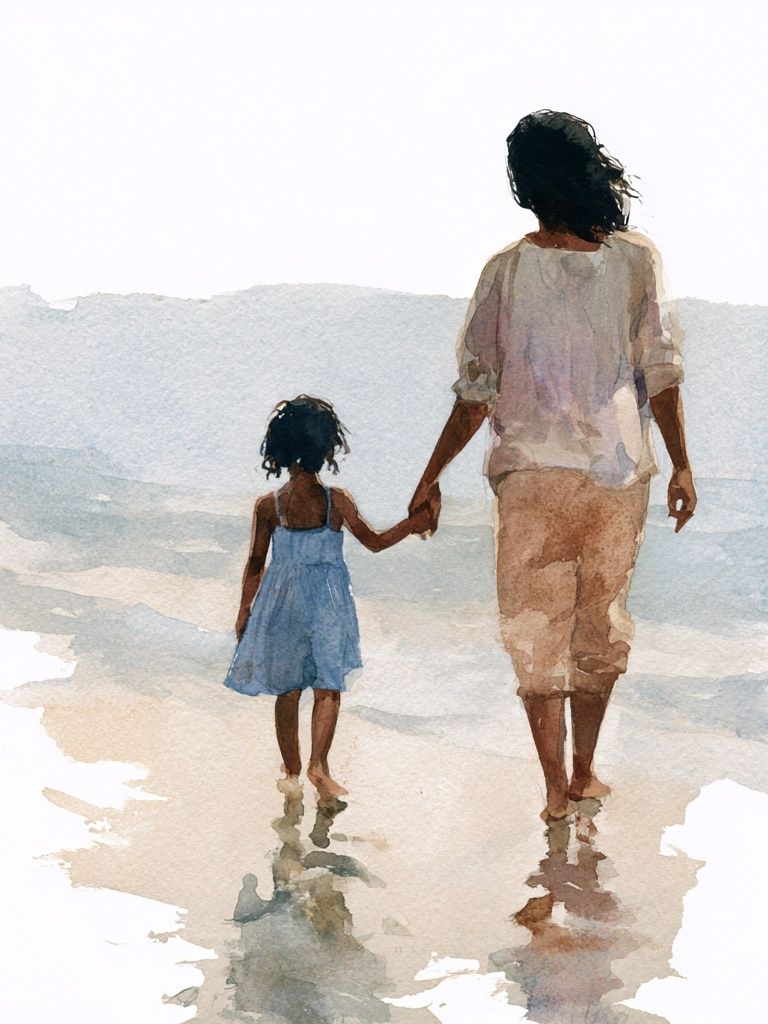 Mother and Child Beach Watercolor Poster. poster detail
