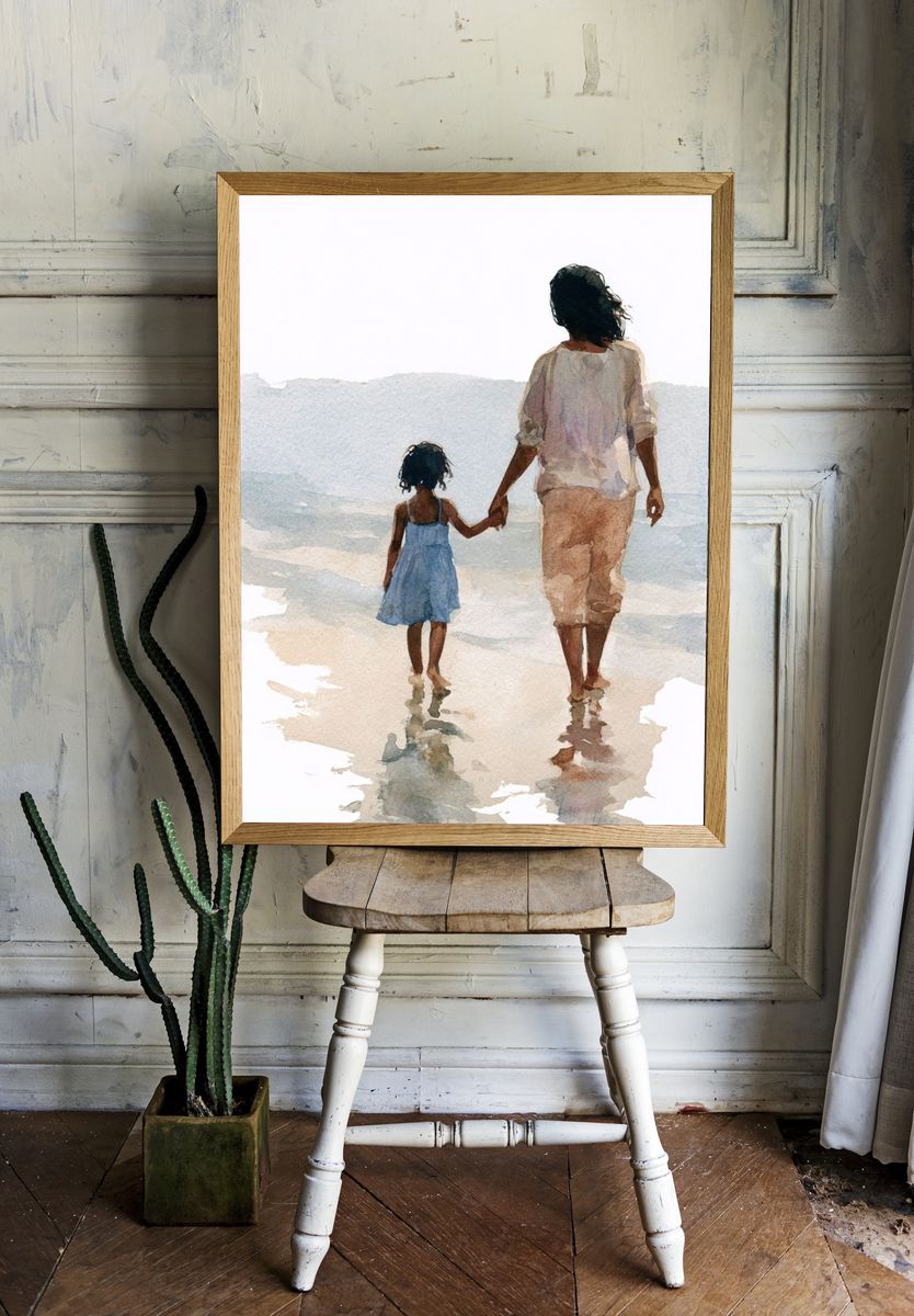 Mother and Child Beach Watercolor Poster. — room view 1