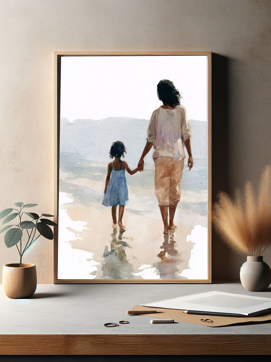 Mother and Child Beach Watercolor Poster. — room view 2