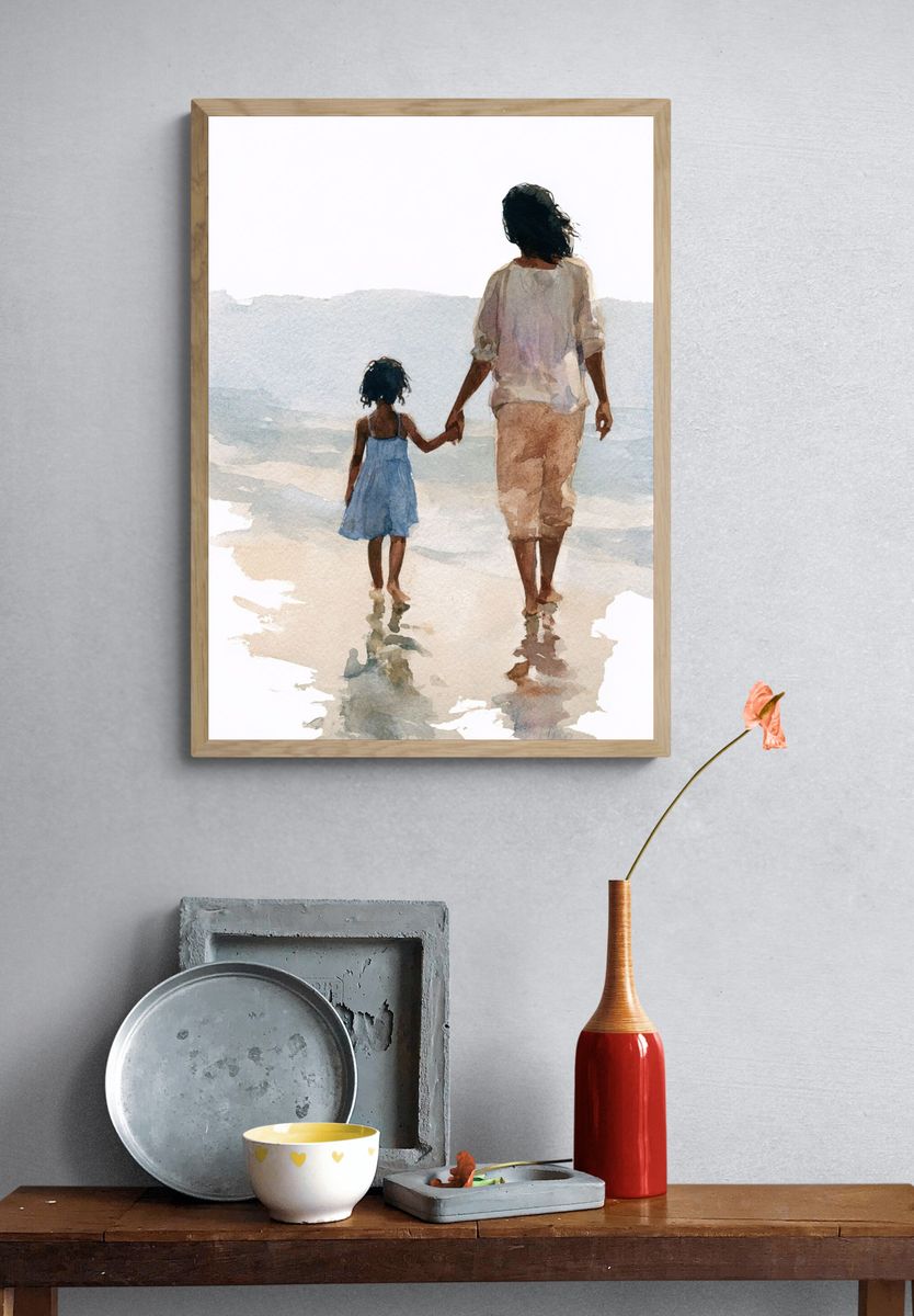 Mother and Child Beach Watercolor Poster. — room view 3