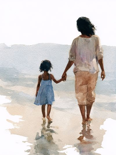 Mother and Child Beach Watercolor Poster. poster