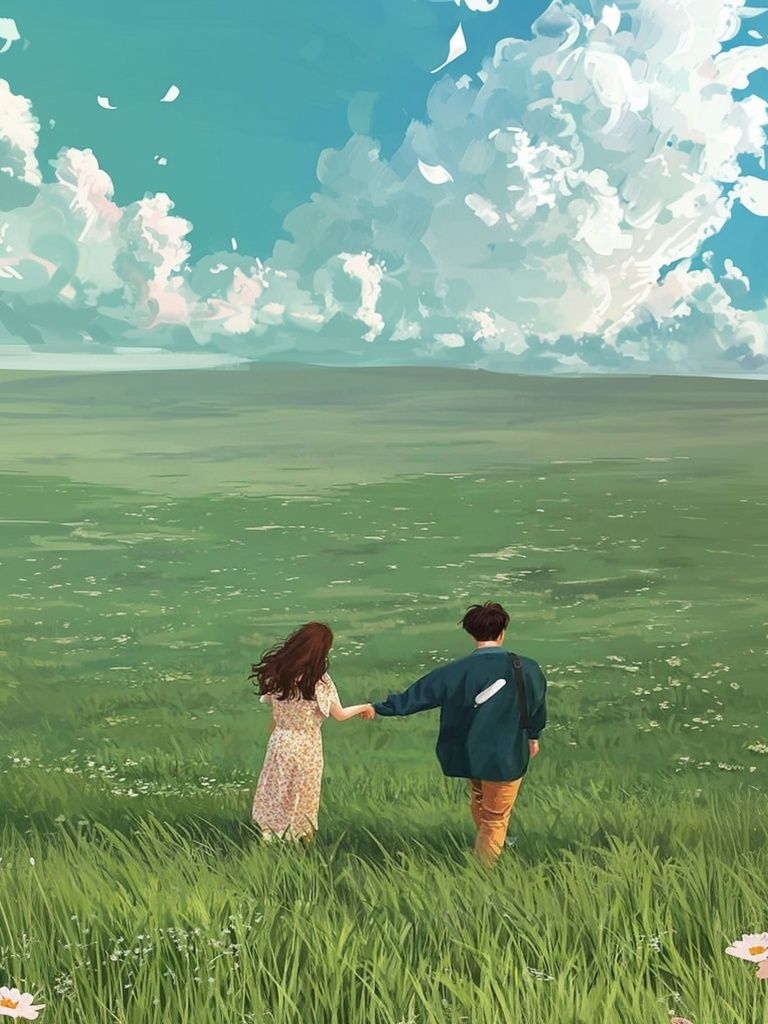 Couple in Meadow Illustration Poster. poster detail