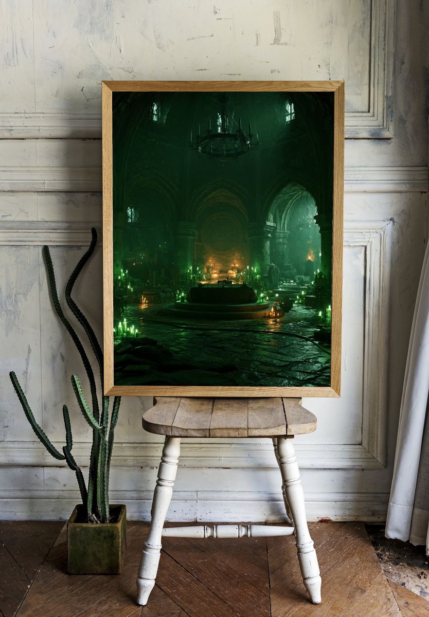 Gothic Green Cathedral Fantasy Print. — room view 1