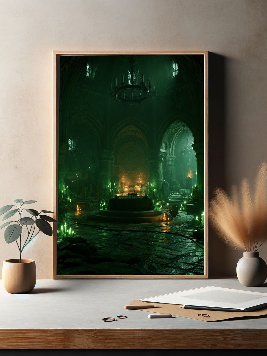 Gothic Green Cathedral Fantasy Print. — room view 2