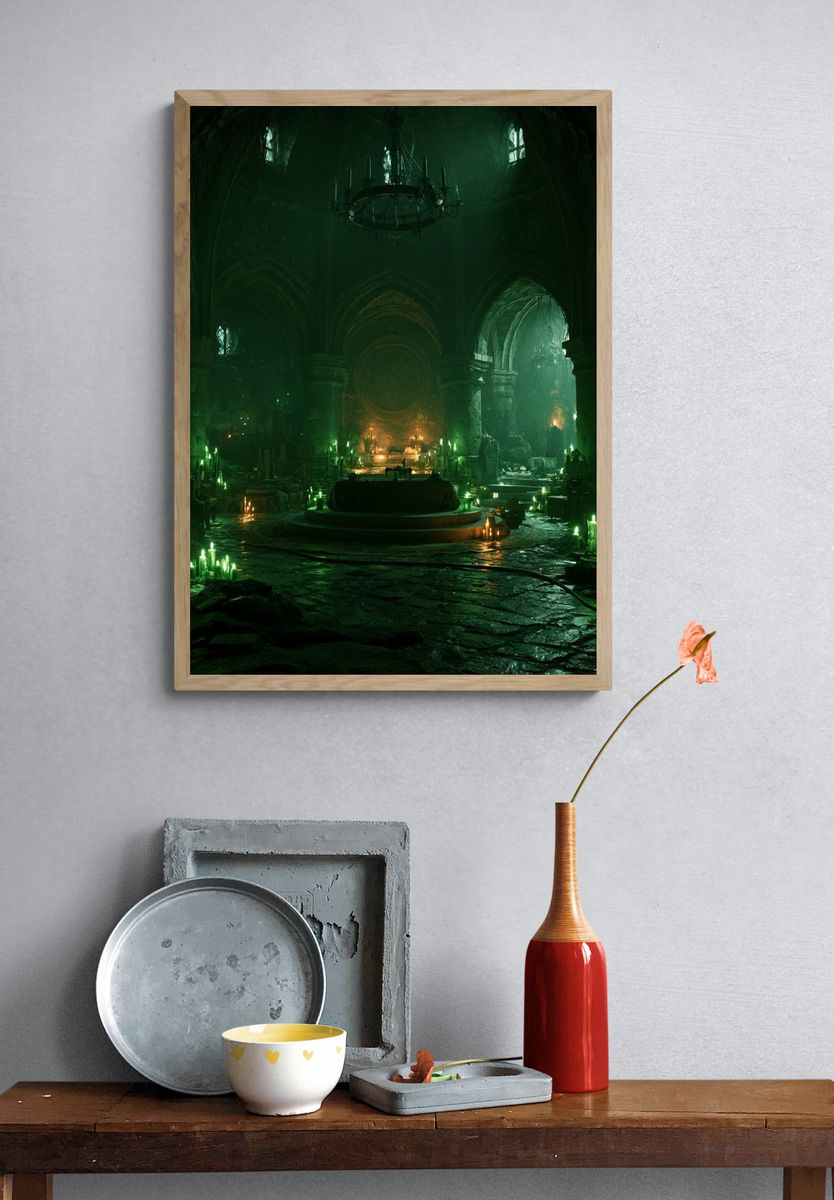 Gothic Green Cathedral Fantasy Print. — room view 3