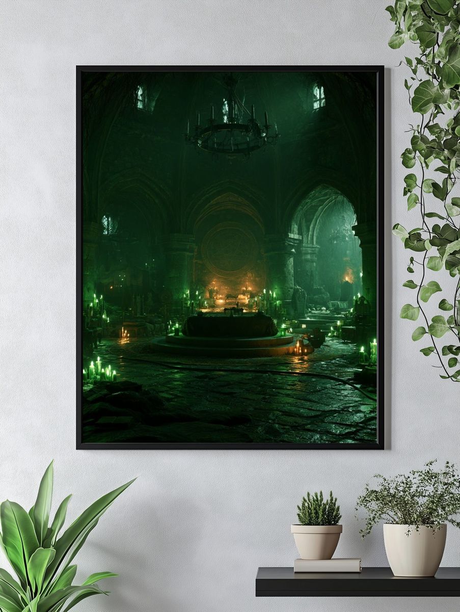 Gothic Green Cathedral Fantasy Print. — room view 4