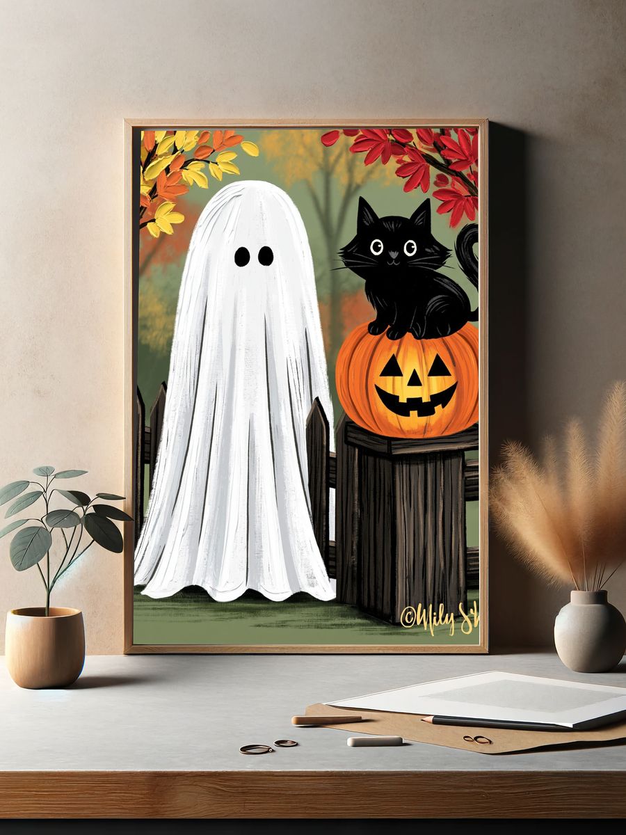 Halloween Ghost and Cat Illustration Poster. — room view 2