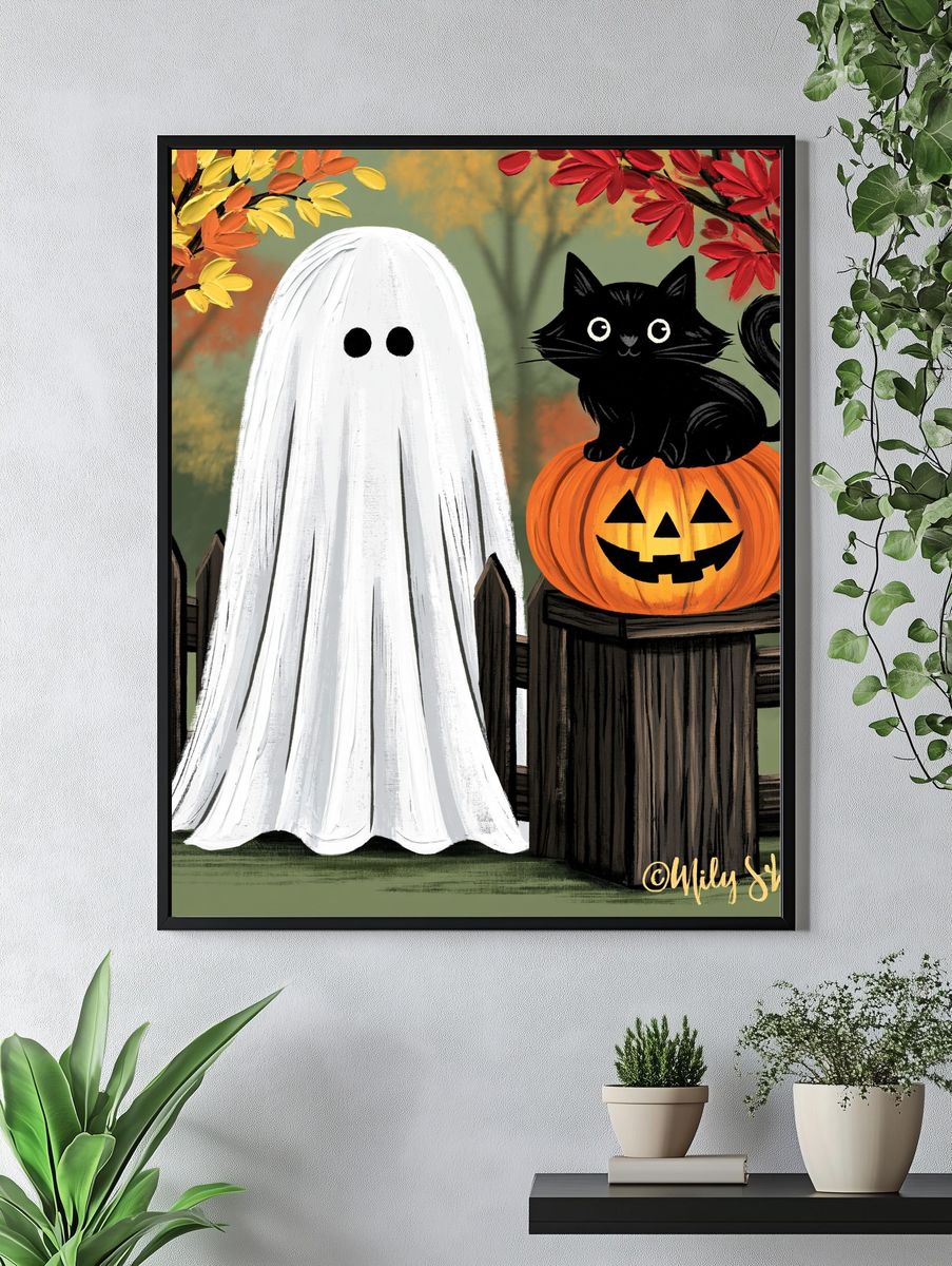 Halloween Ghost and Cat Illustration Poster. — room view 4