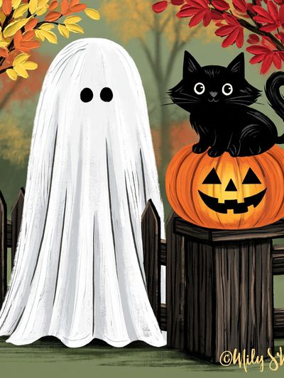 Halloween Ghost and Cat Illustration Poster.