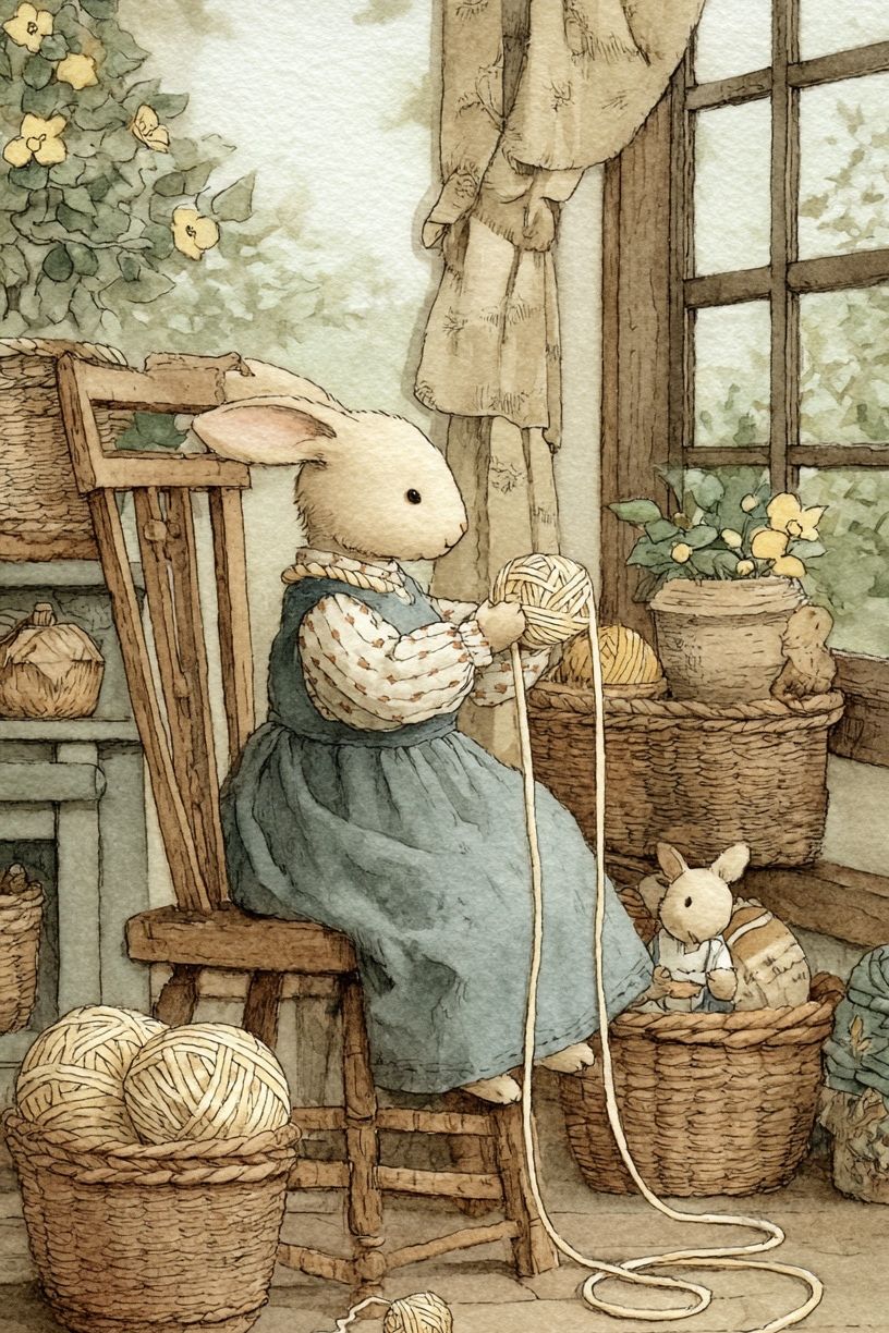 Rabbit Knitting Watercolor Print. poster detail