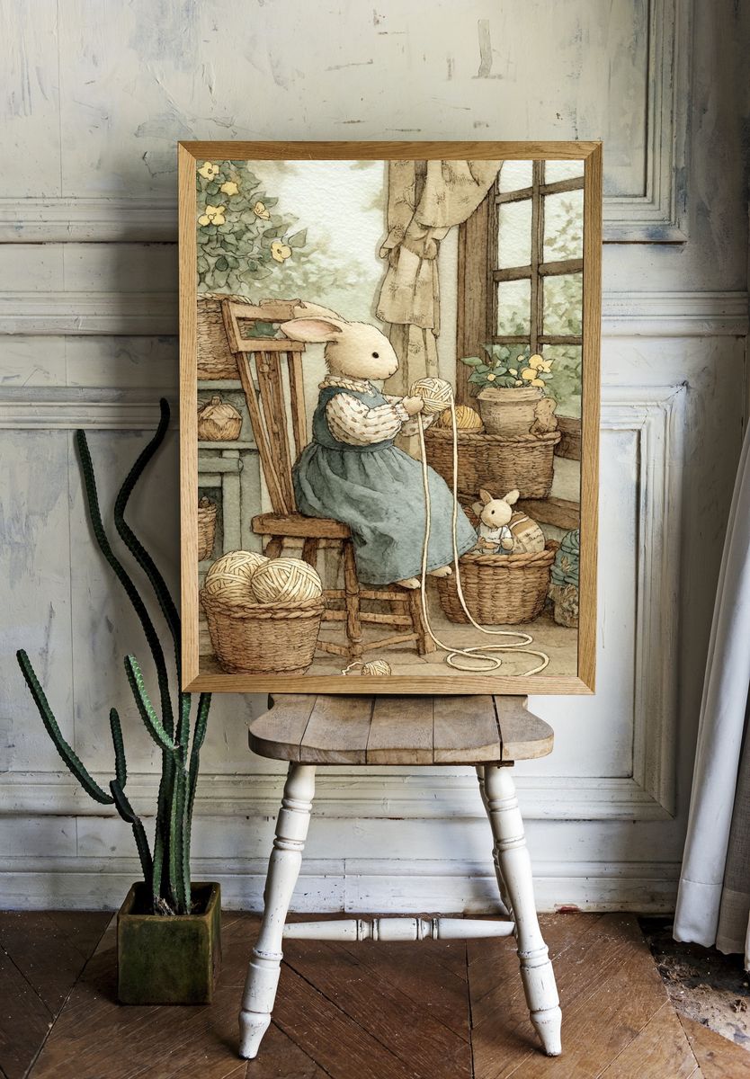 Rabbit Knitting Watercolor Print. room preview