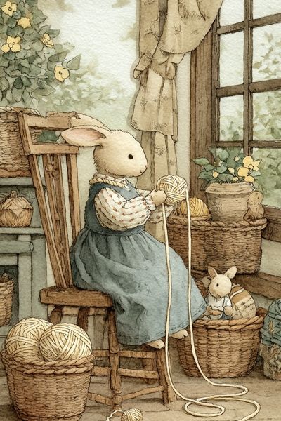 Rabbit Knitting Watercolor Print. poster print