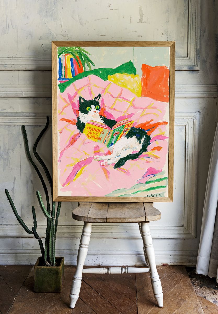 Cat Reading in Bed Illustration Poster. room preview