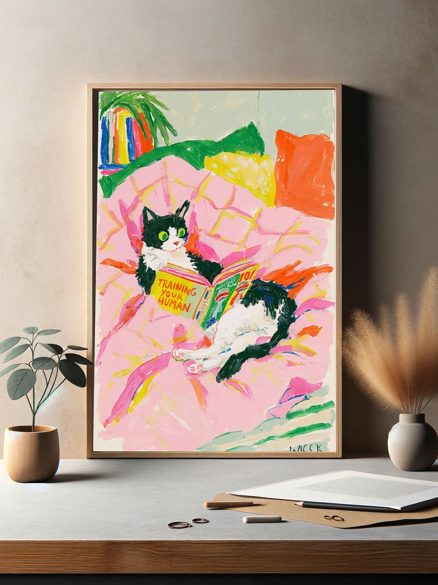 Cat Reading in Bed Illustration Poster. — room view 2