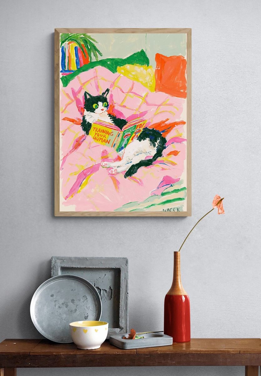 Cat Reading in Bed Illustration Poster. — room view 3