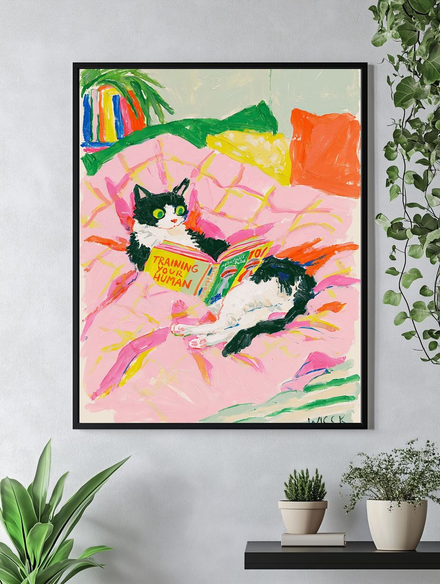 Cat Reading in Bed Illustration Poster. — room view 4