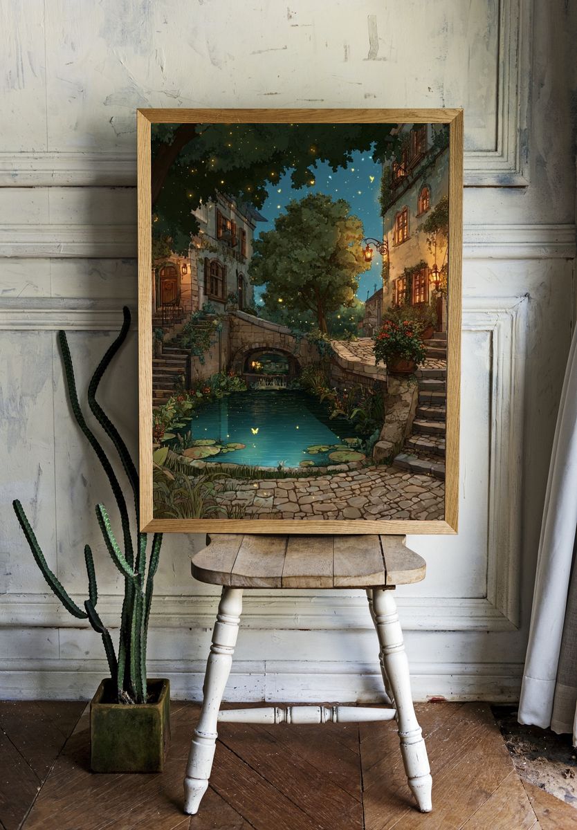 Moonlit Courtyard Village Print room preview