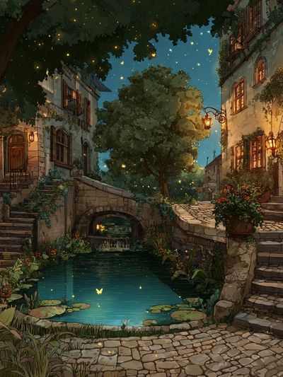 Moonlit Courtyard Village Print. poster
