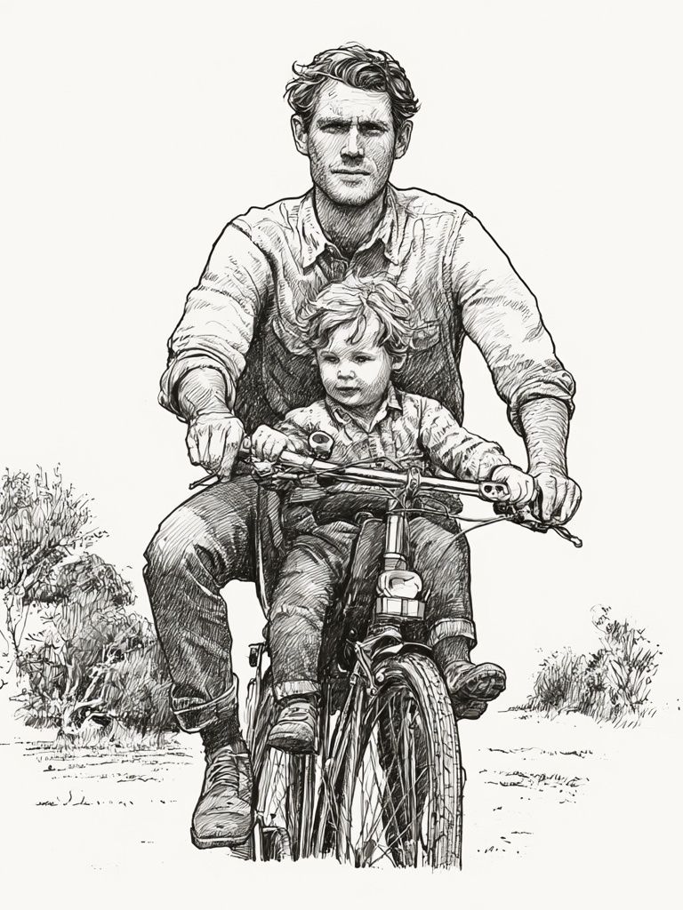 Father and Child Bicycle Sketch Poster. poster detail