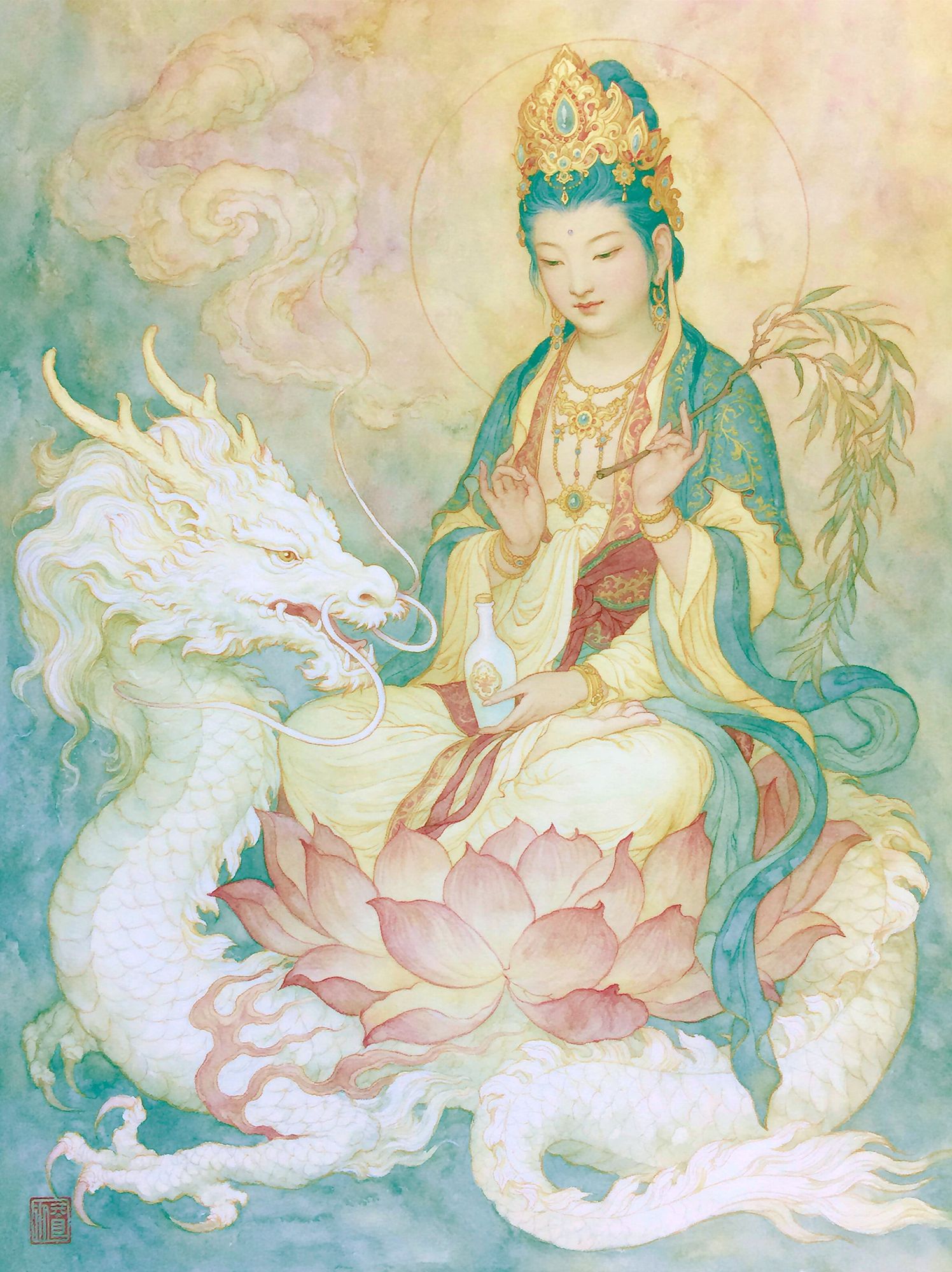 Guanyin and Dragon Watercolor Print. poster detail